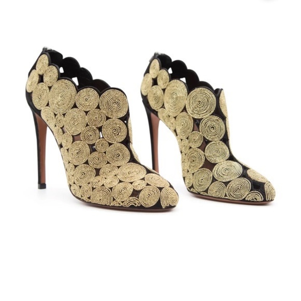 Alaia Black/Gold Suede Circle Embroidery Heeled Boots Booties